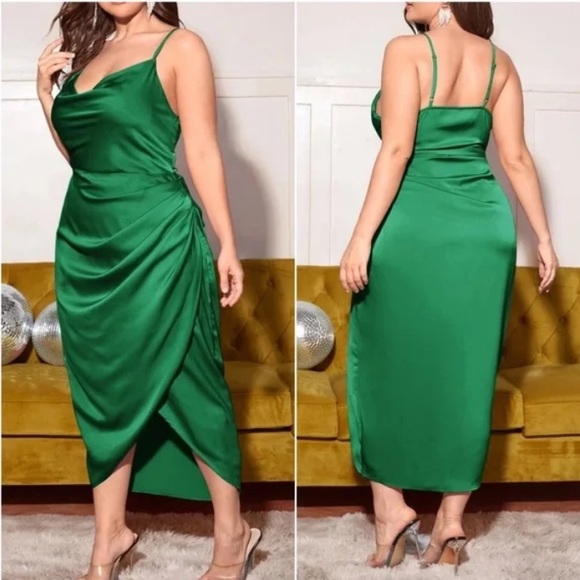 Plus  Green Formal Evening  Cami Satin Dress - Picture 2 of 8
